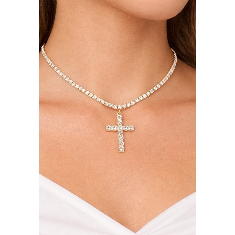 Jessica Simpson Full Rhinestone Cross Necklace Gold‎ Tone 14.5-17" NIB Bling